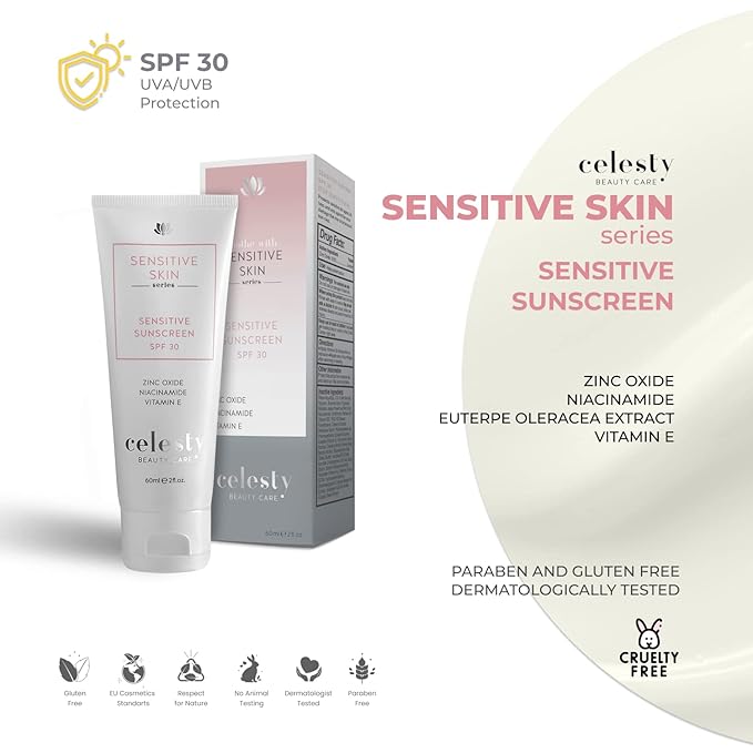 Celesty Beauty Sensitive Skin Sunscreen SPF30 UVA & UVB Sun Protection Cream For Matured and Sensitive Skin Non-Greasy, Broad Spectrum, Hydrating, Lightweight