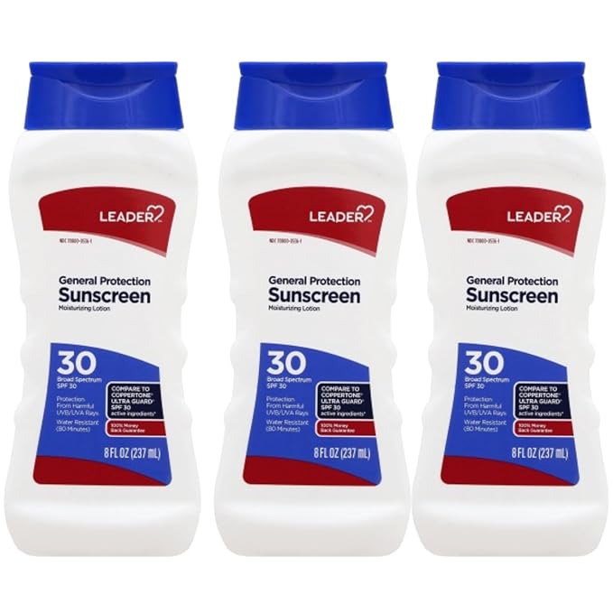 LEADER General Protection Sunscreen Lotion Broad Spectrum SPF 30, Water Resistant Moisturizing Lotion, 8 Ounce, Pack of 3