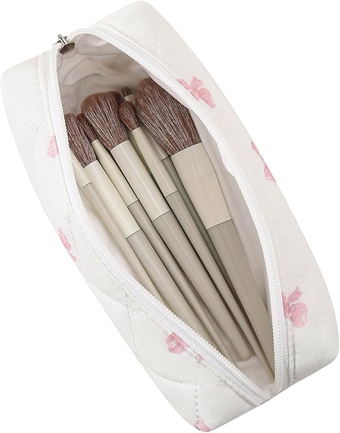 Cute Floral Cotton Makeup Brush Cosmetic Bag for Women, Travel Quilted Zipper Make Up Bag, Flowers Toiletry Organizer Case Kawaii Makeup Cosmetic Travel Cloth Pouch (Pink+Pink Bow Tie)