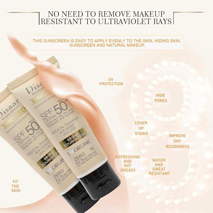 DISAAR BEAUTY Sunscreen SPF 50 PA+++ SPF 50+ Foundation Face Cream Body Skin Protection Anti-Aging Oil Control Moisturizing Care Removes Peeling 40g / 1.41oz