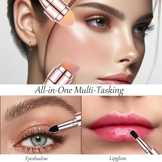 Bling Toman 4 in 1 Makeup Brush,Makeup Sponge,Blush Blending,Eyeshadow,Eyebrow&Liner Lip Face Foundation Mini Travel Brushes Retractable Brush Set (gold brush)