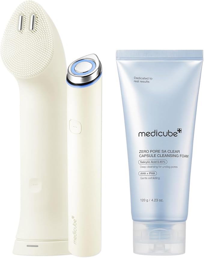 medicube Pore Purifying Cleansing Set: Mini Booster Pro Plus Cleansing Device Set (Beige) and Zero Pore Clear Blue Capsule Facial Deep Cleanser