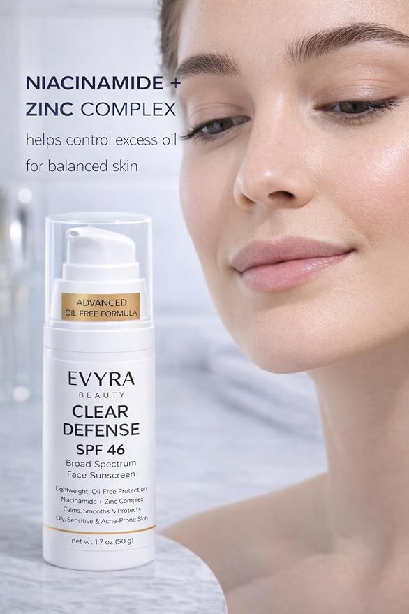 EVYRA Clear Defense SPF 46 Sunscreen Lotion for Face Broad Spectrum UV Protection, Niacinamide + Zinc PCA Oil Control, Lightweight Non-Greasy, No White Cast, Water-Resistant, For Oily/Acne-Prone Skin