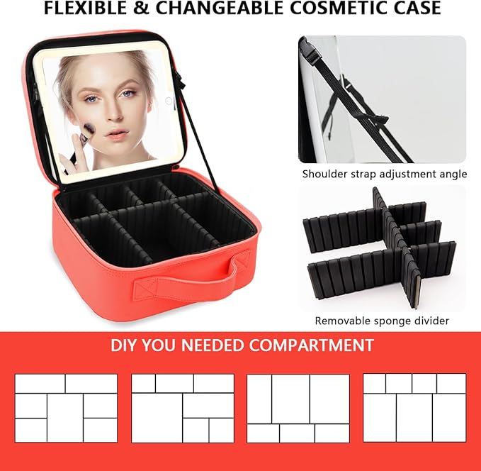 Makeup Bag with Led Mirror,Large Vanity Makeup Cases with 3 Color Setting,Portable Storage and Adjustable Dividers,for Women and Makeup Artists Cosmetic Organizer Travel Makeup Bag-Red