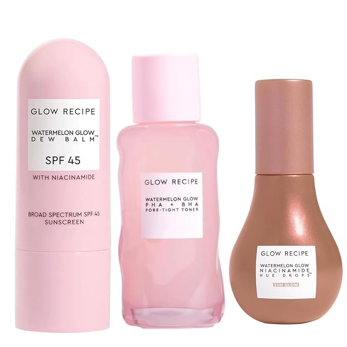 Glow Recipe SPF Dew Balm Sunscreen Stick (0.58 oz) + PHA + BHA Face Toner (40 ml) + Hue Drops Tinted Serum, Bronzer & Highlighter (40 ml)