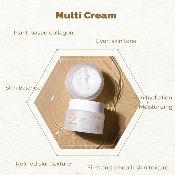 PRETTYSKIN Rice Amino Acid Multi Moisturizing Cream | 4-in-1 Toner + Emulsion + Serum + Cream | With Rice Bran Water & Niacinamide | Gentle Daily Hydration & Texture Care | 3.38fl.oz