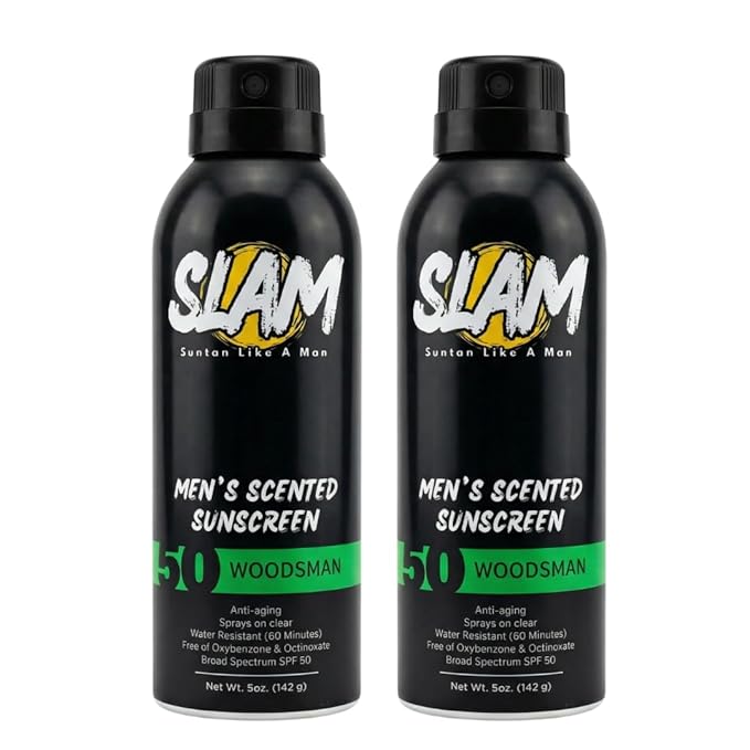 SLAM WoodsMan Men's Scented Sunscreen Spray SPF 50 – Broad Spectrum Sun Screen for Face & Body, Waterproof & Sweat Resistant Spray Sunscreen SPF 50, UVA/UVB Protection, Mens Sunblock