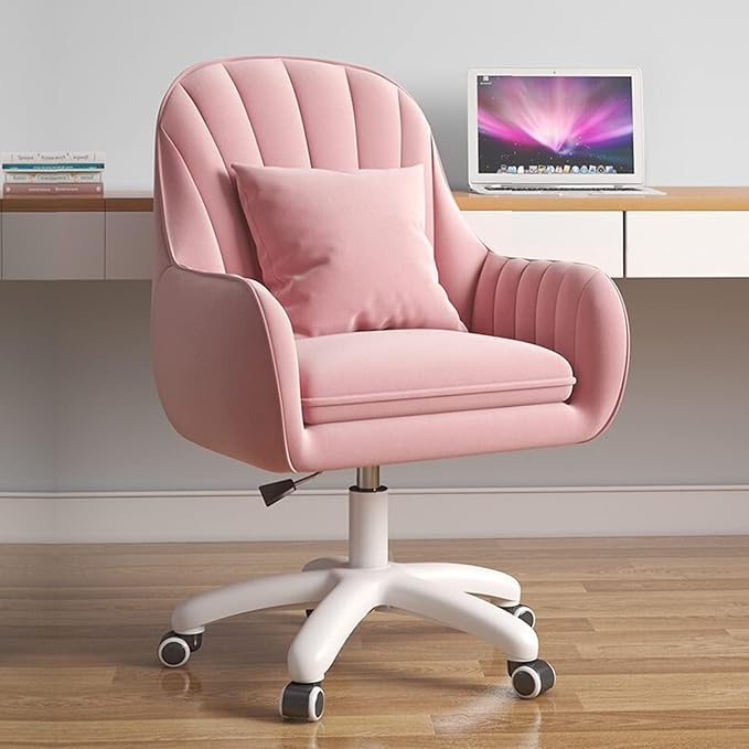 Mid Back Velvet Vanity Chair Swivel Rolling Desk Chair with Wheels, Modern Upholstered Makeup Chair for Women Girls, Computer Task Chair for Bedroom Living Room Office, Pink