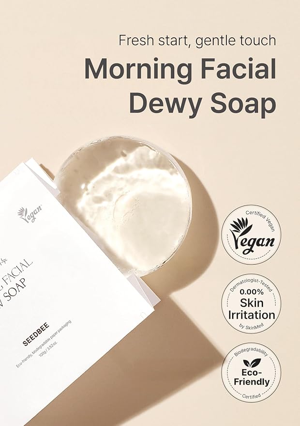 SEEDBEE Dew Face Wash Soap Bar, Moisturizing & Calming Facial Soap, Morning & Night Skincare Routine, Use After Makeup Removal, For Dry & Combination Skin Type, Vegan, Biodegradable, 100g/3.52 oz