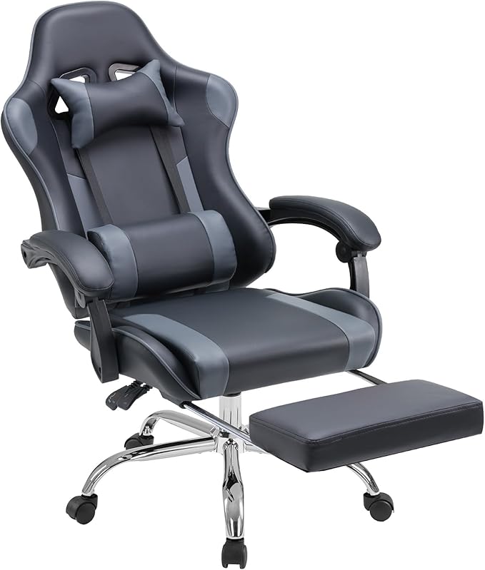 NEWBULIG Gaming Chair with Footrest – Ergonomic High-Back with Lumbar & Headrest Support, Comfy PU Leather Recliner with Linkage Armrests, Adjustable Height, 360° Swivel, Grey