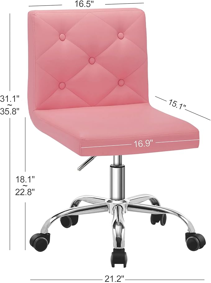 VECELO PU Leather Mid-Back Armless Vanity Chair Adjustable Height 360° Rolling Swivel for Home Office Work