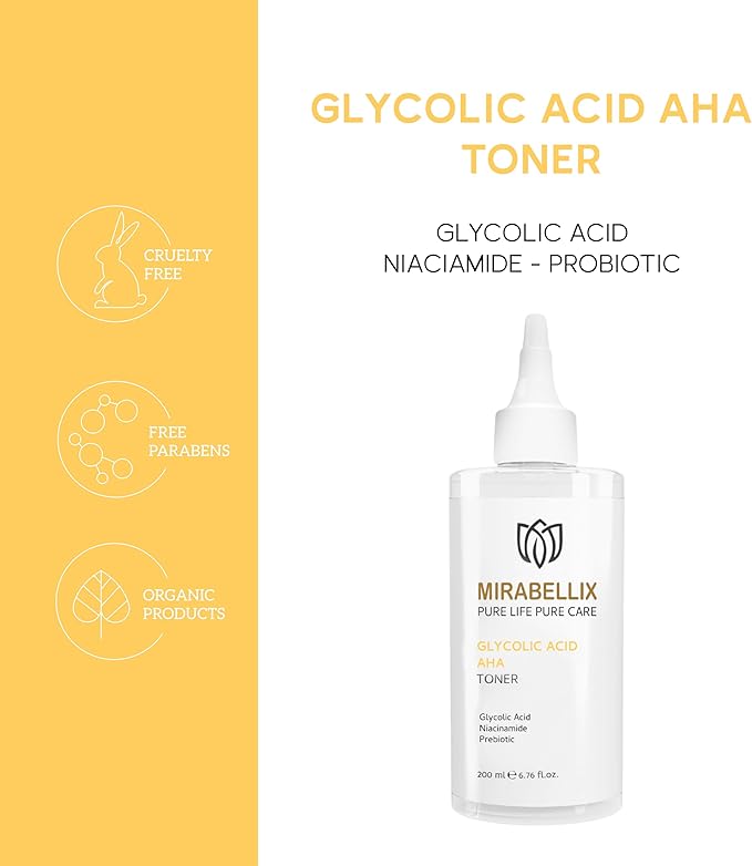 Glycolic Acid AHA Toner 200ml - Exfoliating Face Toner with Niacinamide, Prebiotics & Witch Hazel Water for Oily, Combination, and Blemish-Prone Skin - Brightens, Smooths, and Tightens Skin