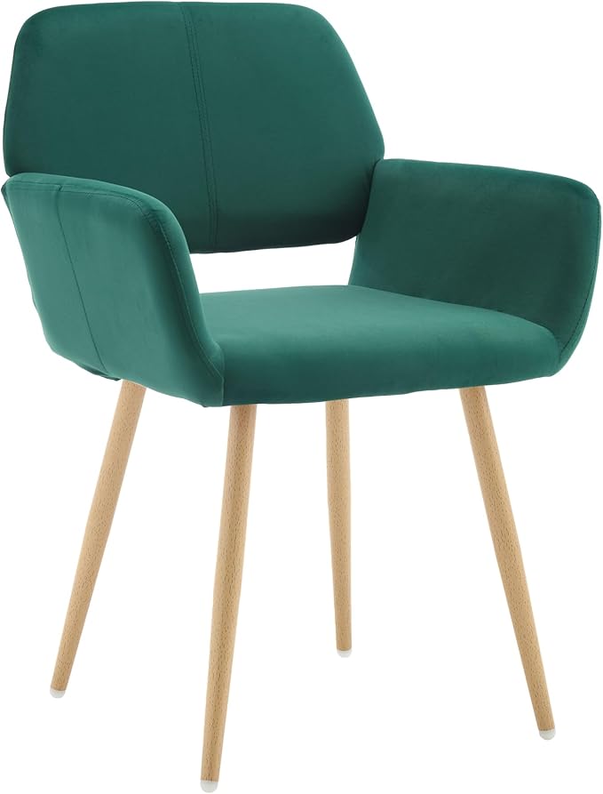 KCC Small Modern Dining Room Arm Chairs 1 Piece, Mid-Century Upholstered Velvet Side Seat Club Guest with Metal Tube Legs for Kitchen, Living Room, Green