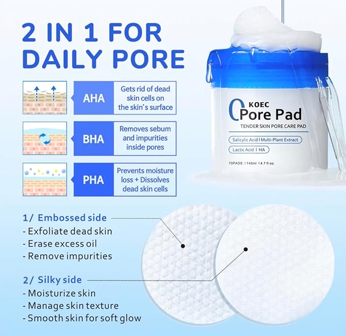 KOEC Korean Clean Pore Toner Pads 2.0 Facial Toner Pads with AHA/BHA niacinamide, Exfoliating Toner Pad- 70 Count-2packs