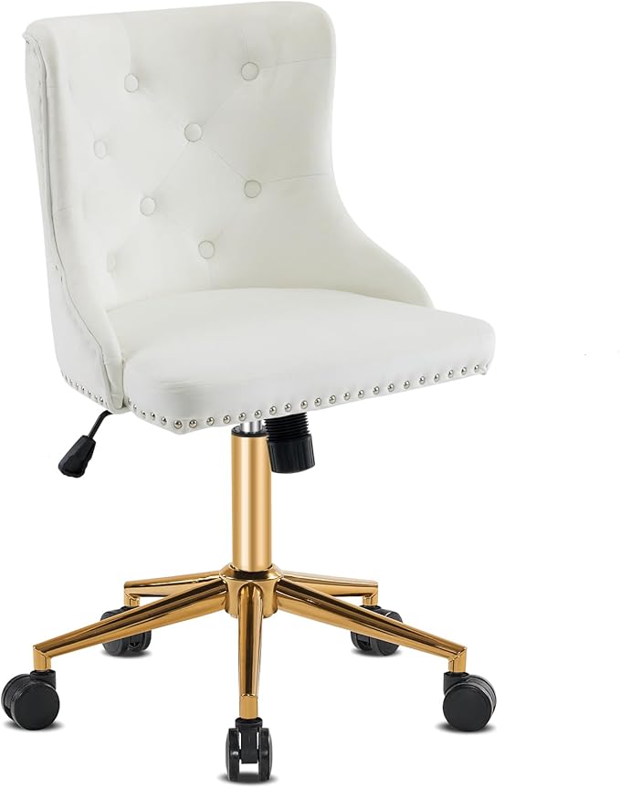 VINGLI White Velvet Armless Home Office Desk Chair with Gold Base/Wheels, Small Cute Vanity/Makeup Chair with Back for Bedroom, Upholstered Adjustable Rolling Swivel Nail Chair for Women/Girls