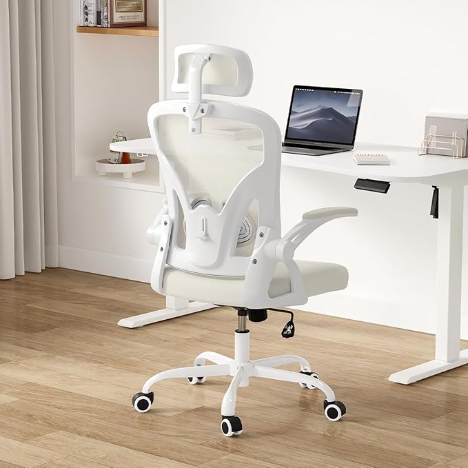 Farini Ergonomic Office Chair, Home Office Desk Chair with Headrest, High Back Swivel Computer Chair with Armrests and Adjustable Lumbar Support for Home Office Study Room, White & Beige