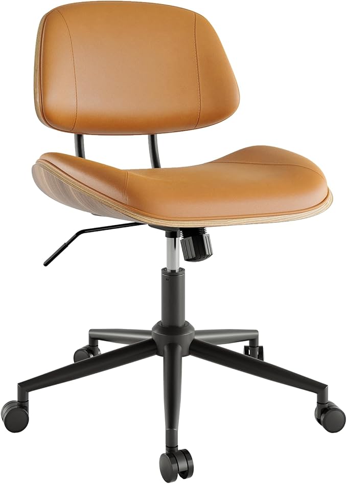 Armless Office Chair with Wheels, PU Leather Adjustable Height Desk Chair - 360° Swivel Ergonomic Computer Chair for Small Space, Modern Walnut Style, Home & Meeting Room, Brown
