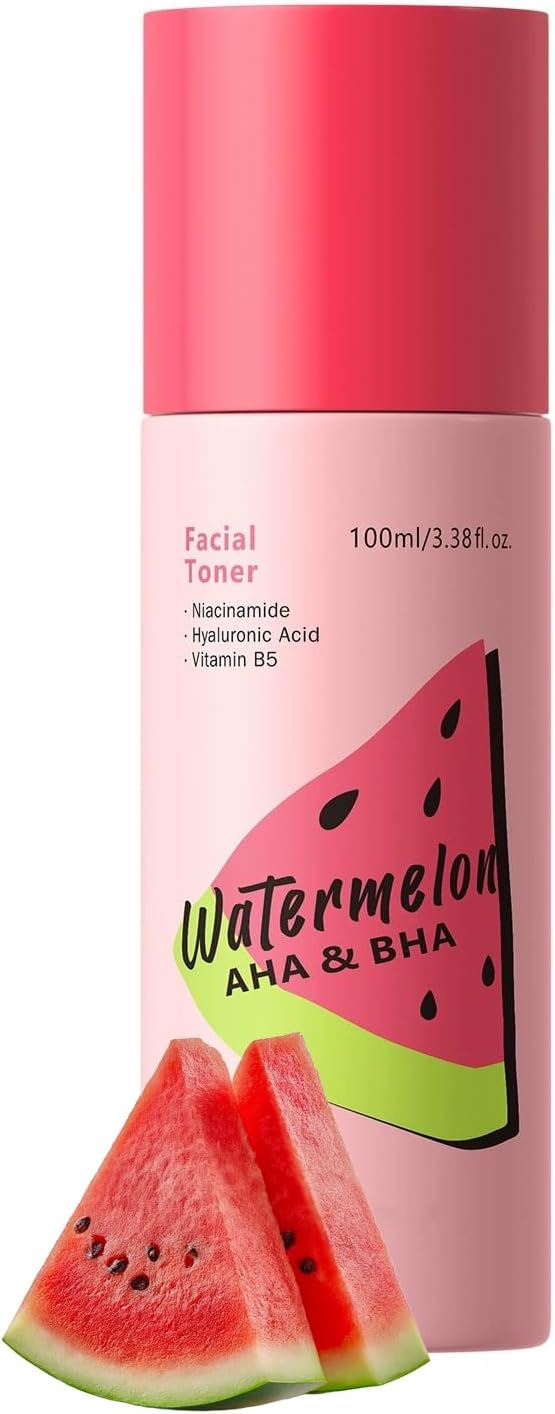 Watermelon AHA BHA Facial Toner with Niacinamide & Hyaluronic Acid, Vitamin B5 - Fresh Gentle Exfoliating Toner for Pore, Hydration & Glowing Skin, Glass-Like Skin with a Soft, dewy Finish 100ml