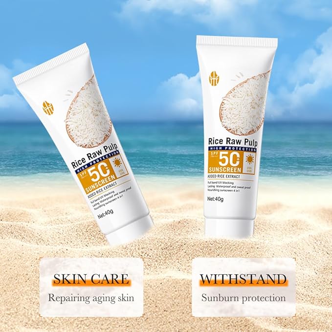 Rice Sunscreen Cream,2 Pcs Rice Probiotics Organic Relief Sunscreen for Face and Body-Moisturizing,Skin Protection and All Skin Types,Facial Body Rices Sunblock for Women Man (A)