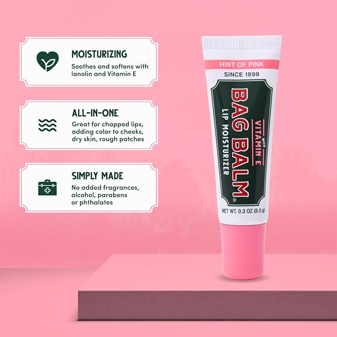 Vermont's Original Bag Balm Moisturizing Lip Balm with Vitamin E | Pack of 4 0.3oz Tubes (4 Pack, Hint of Pink)