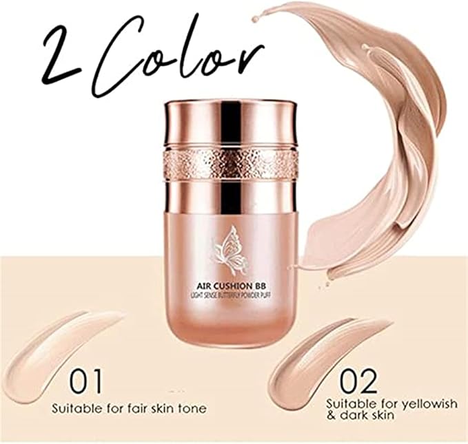 KISHAL Butterfly Cushion CC Cream & BB Cream, Moisturizing Concealer Makeup Base & Foundation, Butterfly Air Cushion Powder Puff, Effectively Covers Skin Blemishes (Natural)