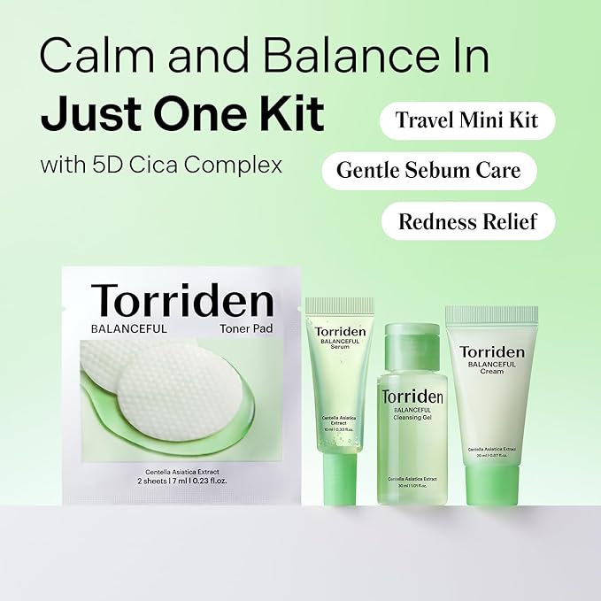 Torriden BALANCEFUL Cica Trial Kit, 5D Cica Infused Daily Skincare Kit - 4 Step Regimen with Cleansing Gel, Toner Pad, Serum, and Cream | Travel Essential | Korean Skin Care Set