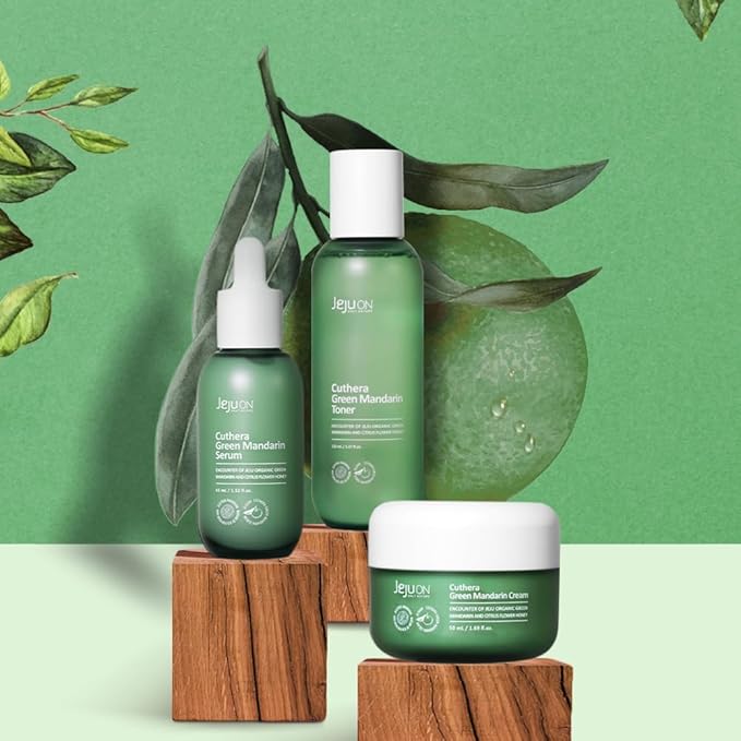 Cuthera Green Mandarin 3-Piece Korean Skincare Set - Essence Toner, Serum, Cream Citrus Scent Jeju Natural Vitamin Rich Hydrating, Pore Tightening, Skin Calming, Oil Water Balance Care
