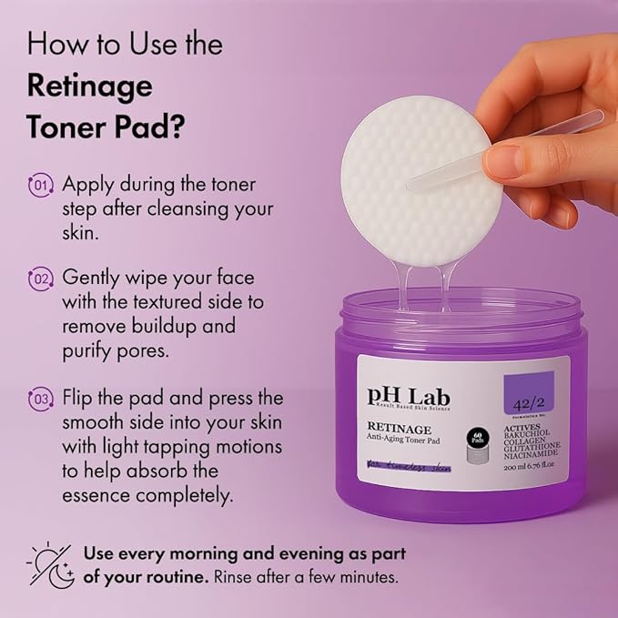 pH Lab Retinage Anti-Aging Toner Pad with Bakuchiol & Collagen, Gentle Face Pads for Smooth and Refreshed Skin, 60 Pads