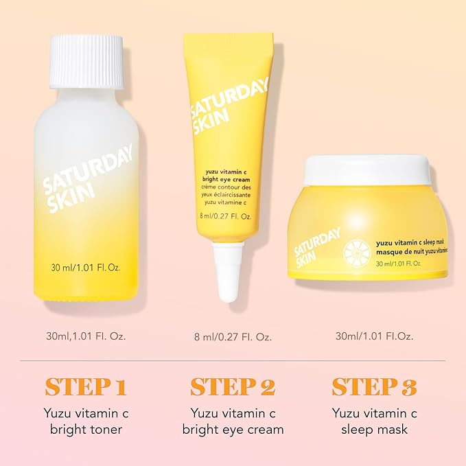 Saturday Skin 3-Piece Skin Care Set Yuzu Vitamin C Sleep Mask Yuzu Vitamin C Bright Toner and Eye Cream and Face Cleanser Hydrating Foam Cleanser Makeup Remover and Face Wash