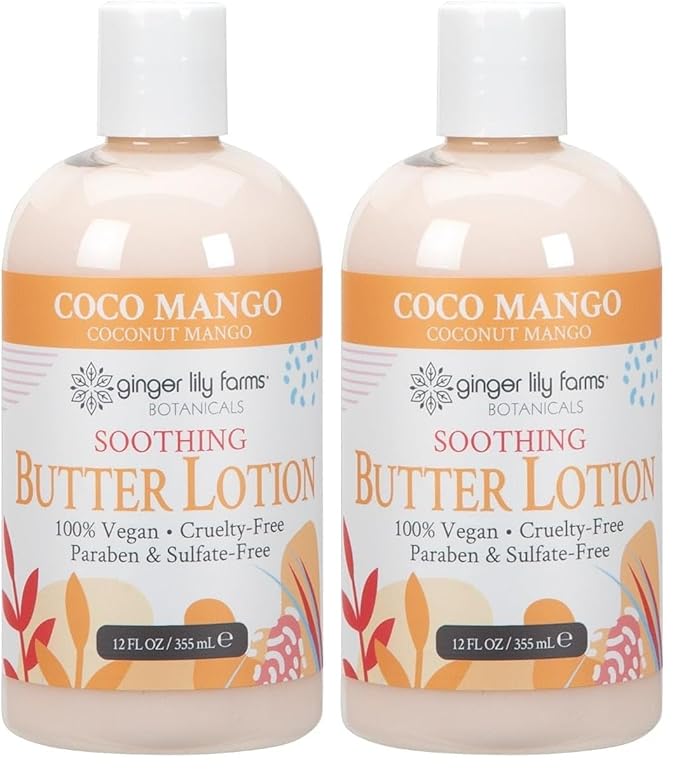 Ginger Lily Farms Botanicals Soothing Butter Lotion for Dry Skin, Coco Mango, 100% Vegan & Cruelty-Free, Coconut Mango Scent, 12 Fl Oz (Pack of 2)