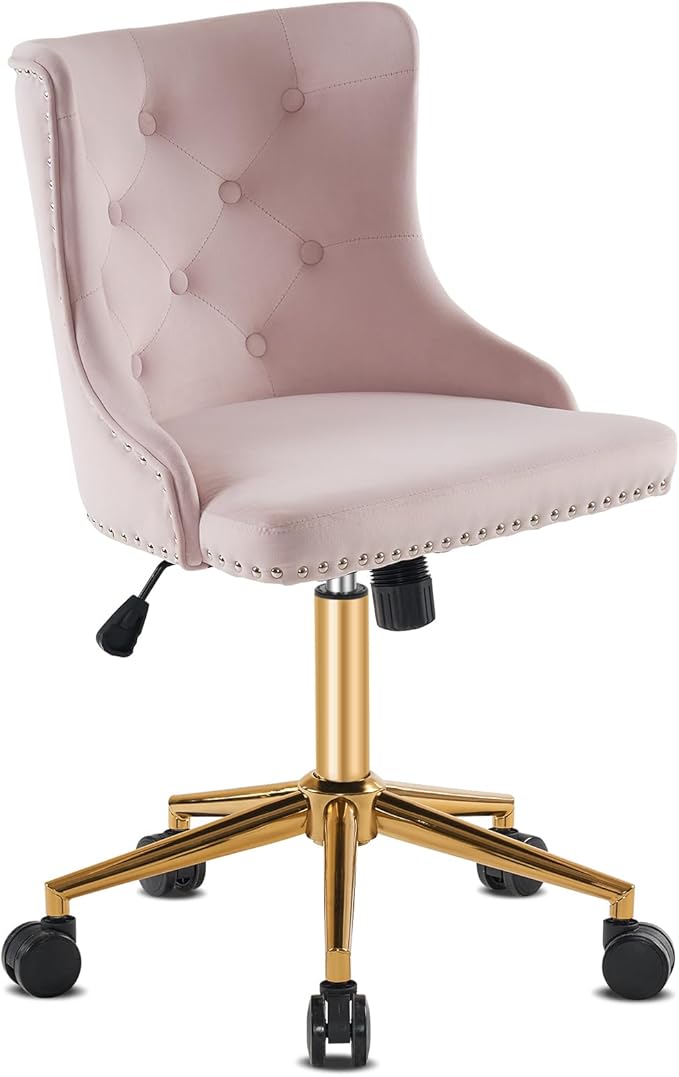 VINGLI Light Pink Velvet Armless Home Office Desk Chair with Gold Base/Wheels,Cute Vanity/Makeup Chair with Back for Bedroom, Upholstered Adjustable Rolling Swivel Nail Chair for Women/Girls