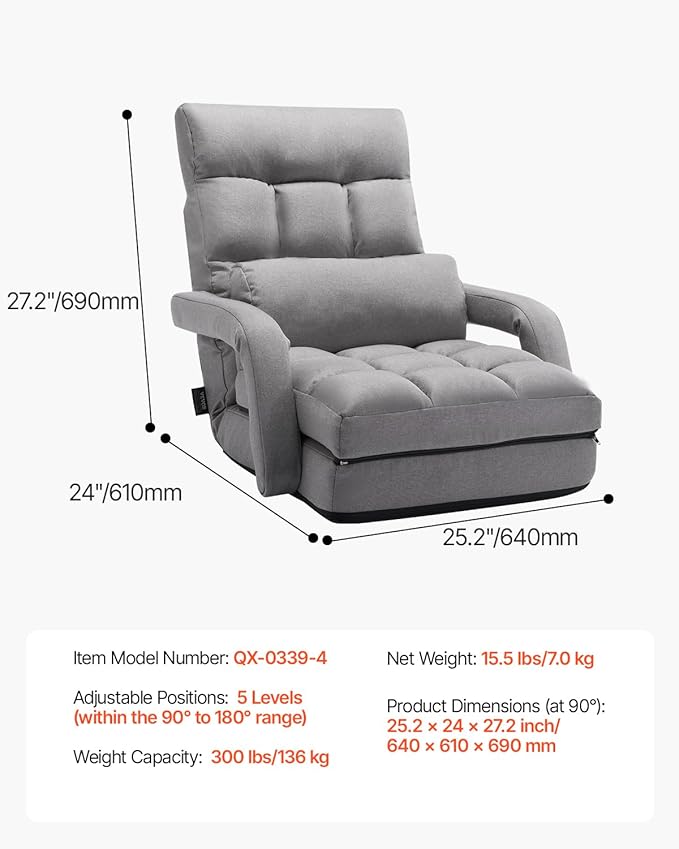 VEVOR Floor Chair, Floor Gaming Chair with 5 Adjustable Position and Back Support, Folding Sofa Chair with Armrest for Adults, Sofa Lounger Bed with Back Cushion for Living Room and Bedroom, Gray