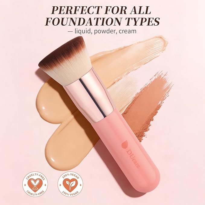 DUcare Foundation Brush for Liquid Makeup,Flat Top Kabuki Foundation Brushes - Premium Makeup Brush for Liquid, Cream, Powder,Buffing, Blending,Pink