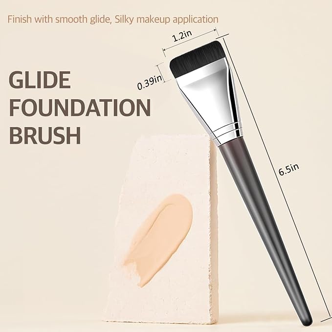 Foundation Brush for Liquid Makeup, Fast Flawless Flat Top Kabuki Makeup Brushes Face Cosmetics Brush Ultra Thin Facial Brush Long Wood Handle Design for Liquid Foundation, Blending Cream,Black