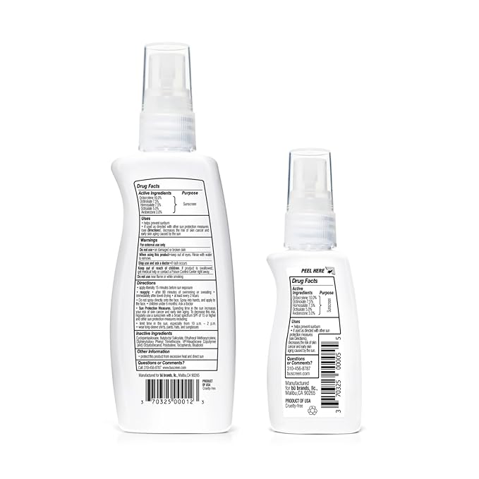 BU SPF 50 Sunscreen Spray for Face and Body, 2-Pack with 3.3 oz Fragrance Free and 1 oz White Sage, Clear, Non Greasy, Water Resistant