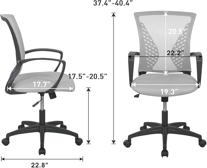 FDW Home Office Chair Mid Back PC Swivel Lumbar Support Adjustable Desk Task Computer Ergonomic Comfortable Mesh Chair with Armrest (Grey)