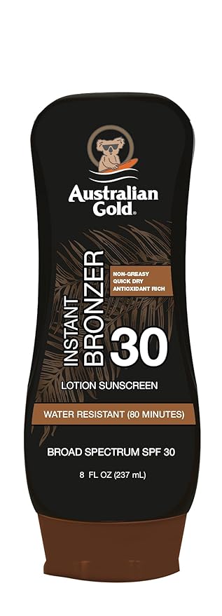 Australian Gold Sunscreen Lotion with Instant Bronzer, Broad Spectrum, Water Resistant, Non-Greasy, Oxybenzone Free, Cruelty Free, SPF 30, Coconut, 8 Fl Oz (A70902) (Pack of 3)