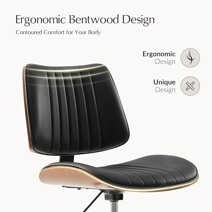 HULALA HOME Faux Leather Home Office Chair with Solid Wood Legs, 360° Swivel Desk Chair No Wheels with Bentwood Design, Mid-Century Modern Wide Seat Computer Task Chair, Black