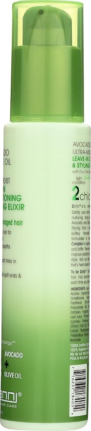 GIOVANNI 2chic Ultra-Moist Leave-In Conditioning Styling Elixir - Smoothes Frizz Prevents Breakage, For Dry & Damaged Hair, Avocado & Olive Oil, Enriched with Aloe Vera, Shea Butter - 4 fl oz