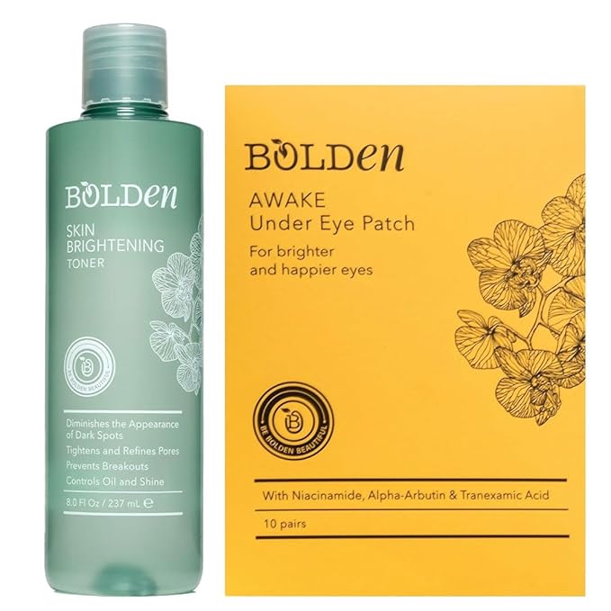 Bolden Skin Brightening Toner & Under Eye Patches Bundle – AHA Toner + Brightening Eye Masks | with Glycolic Acid, Vitamin C & More