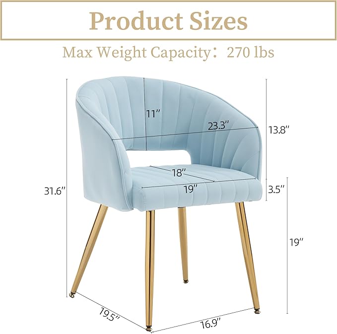 Westice Velvet Home Office Desk Chair Set of 1, Modern Tufted Vanity Chairs with Gold Metal Legs, Upholstered Accent Armchair for Living Room Restaurant, Light Blue