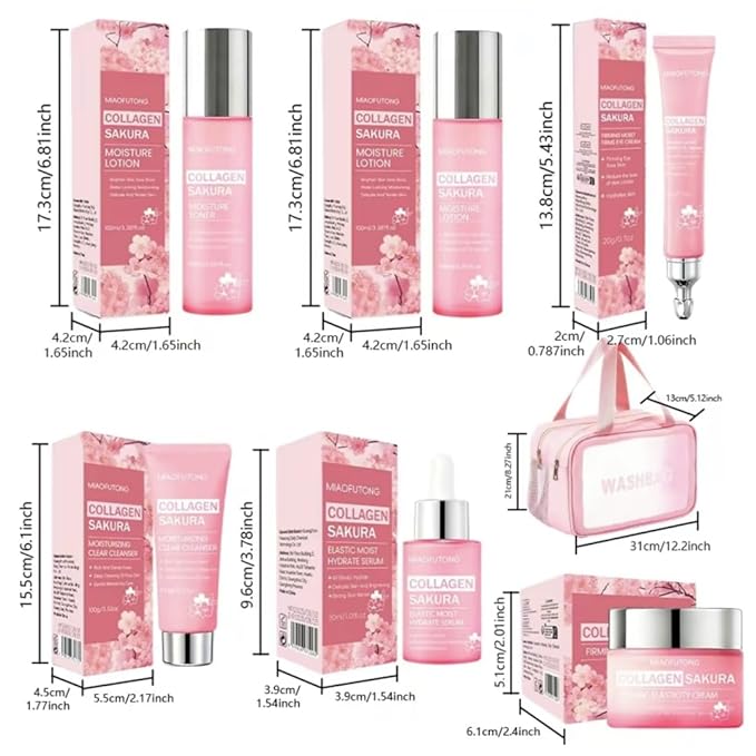 Collagen Sakura 6 Piece Skincare Set Cleanser Toner Moisturizing Lotion Hydrating Serum Firming Eye Cream Face Cream Comes with a make-up Bag Hydrating & Moisturizing for Fall & Winter