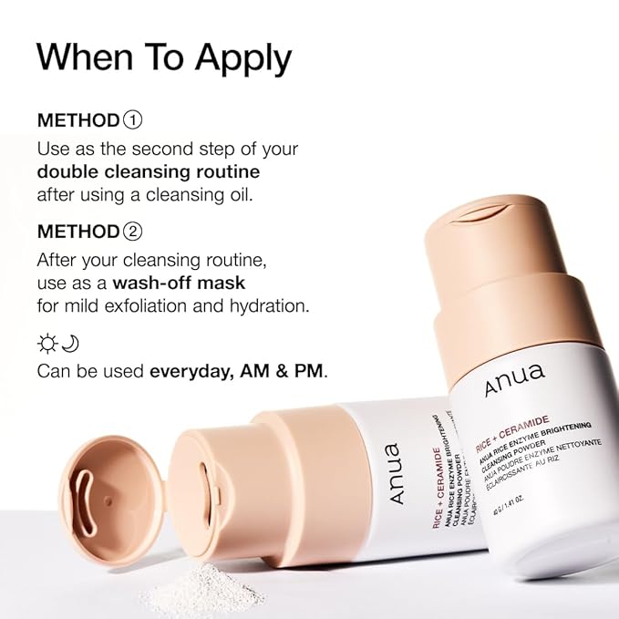 ANUA Rice Enzyme Brightening Cleansing Powder, Exfoliating Powder-to-Foam Cleanser, Smooth Texture & Clarity, Hydrating & Gentle Formula, Korean Skincare,1.41 fl.oz