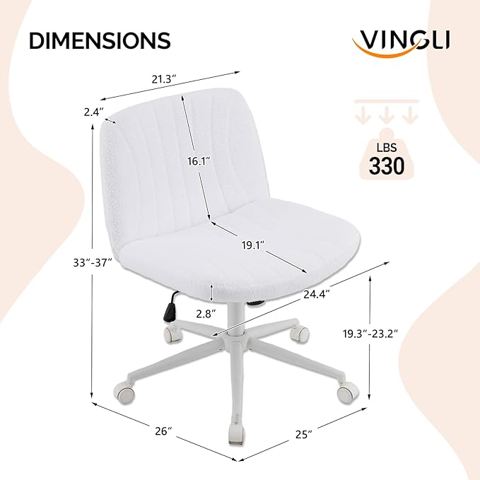 VINGLI Criss Cross Legged Chair,Wide Comfy Office Desk Chair,Dual-Use with/no Wheels Computer Task Chair,Swivel Armless Vanity Boucle Chair for Study,Make Up,Home Office,Teddy Fleece,White