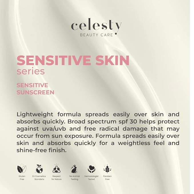 Celesty Beauty Sensitive Skin Sunscreen SPF30 UVA & UVB Sun Protection Cream For Matured and Sensitive Skin Non-Greasy, Broad Spectrum, Hydrating, Lightweight