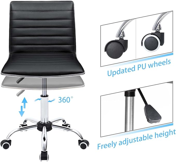 Furmax Vanity Office Desk Chair with Wheels, Armless Small Cute Leather Makeup Computer Task Chair Adjustable Height 360° Swivel (Black)