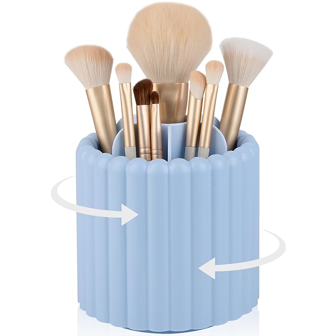 Anyoifax 360 Rotating Makeup Brush Holder 7 Slots Make Up Brush Organizer Removable Spinning Cosmetic Brushes Storage Pen Holder for Vanity, Dresser, Desk, Blue