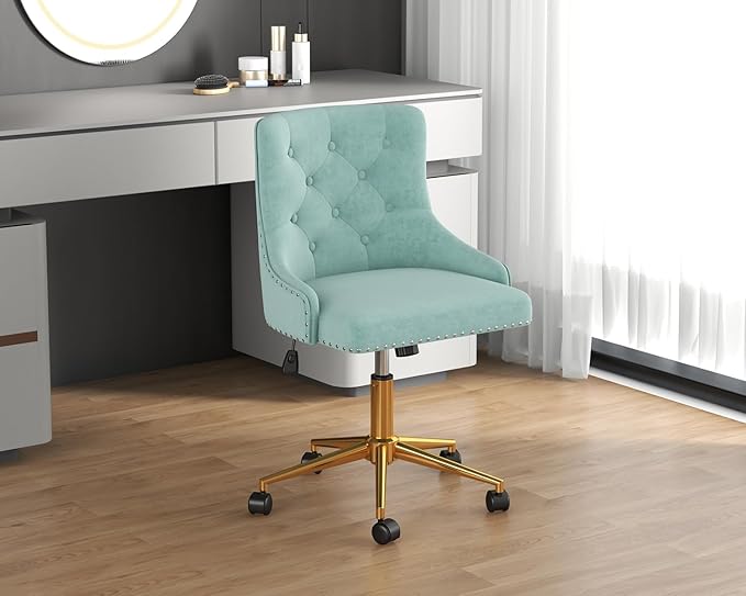Velvet Armless Home Office Desk Chair, Swivel Height-Adjustable Small Cute Vanity Chair for Women/Girls, Comfy Makeup Chair with Rivet and Gold Base for Living Room, Bedroom(Green)