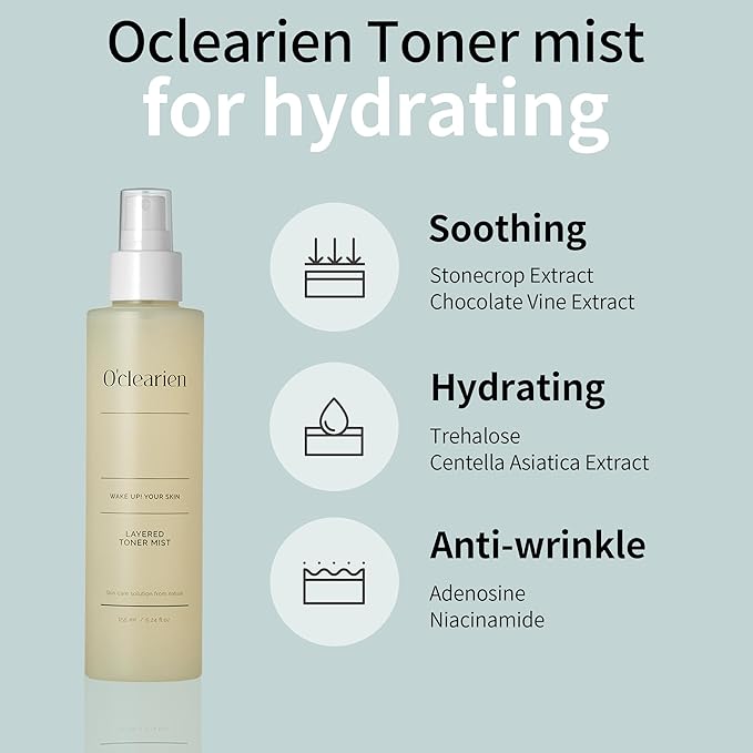 [O'CLEARIEN] Layered Toner Mist 5.24 fl. oz. | Trehalose for Hydrating, Centella Asiatica for Soothing, Anti-Aging, Non-Irritating for Sensitive Skin, Paraben Free, Natural Extracts