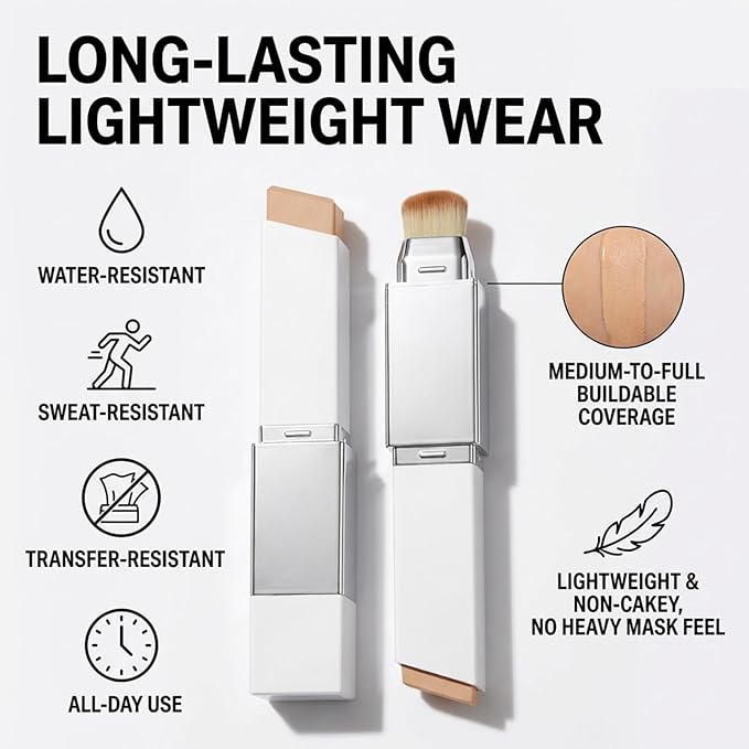 Color Changing Foundation Stick, Foundation Stick, 2-in-1 Waterproof Long Lasting, Dual-Ended Full Coverage Foundation with Fine Bristle Brush, Lightweight, Long-Lasting (Medium Skin)